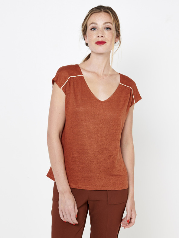 CAMAIEU Rjava lanena bluza z gumbi na hrbtu CAMAIEU