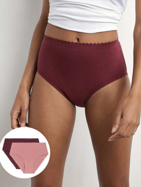 DIM Komplet dveh ženskih hlačk z visokim pasom DIM Body touch v bordo in roza barvi